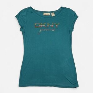 Y2K DKNY Jeans Graphic Logo Teal Green Baby Tee‎